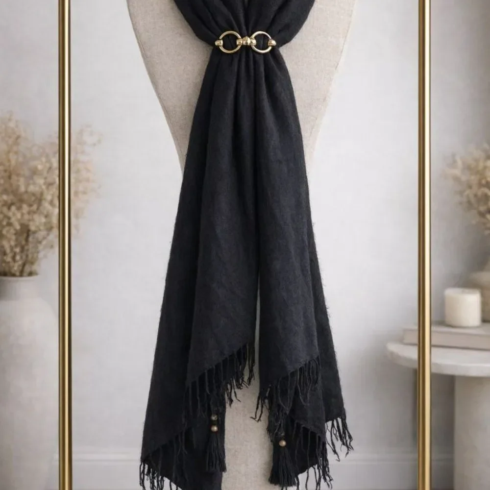 Handmade Oversized Black Wool Wrap | Artisan Made in Nepal | 86” x 28”